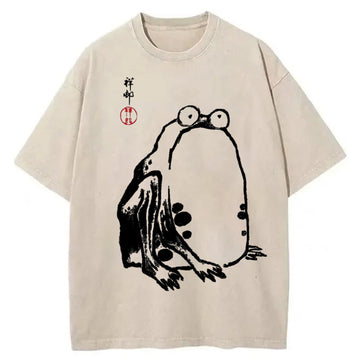 Personality fashion Grumpy Frog Aesthetic Japanese Art Washed T-Shirt