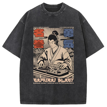 Personality fashion Samurai DJ Japanese Washed T-Shirt