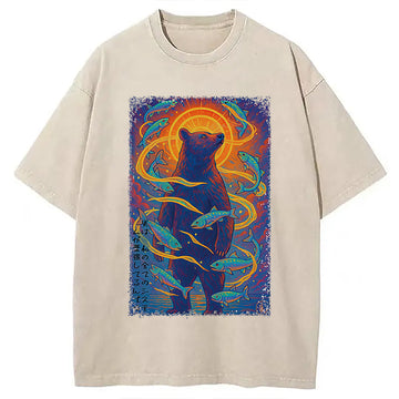 Personality fashion Ukiyoe Bear and Fish Vintage Poster Washed T-Shirt
