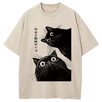 Personality fashion The Cat is Watching Today Washed T-Shirt