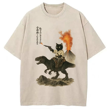 Personality fashion Cat Riding A Dinosaur Washed T-Shirt