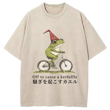 Personality fashion Off to Cause a Kerfuffle Frog Washed T-Shirt