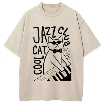Personality fashion Jazz Cat Club Washed T-Shirt