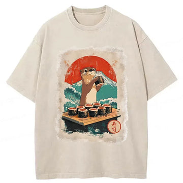 Personality fashion Otter Eating Sushi Washed T-Shirt
