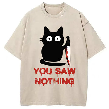 Personality fashion You Saw Nothing Funny Black Cat Washed T-Shirt