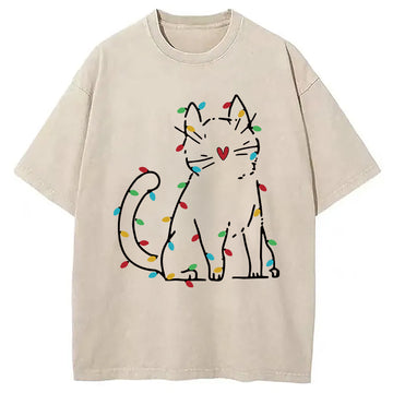 Personality fashion Japan Christmas Lights Cat Washed T-Shirt