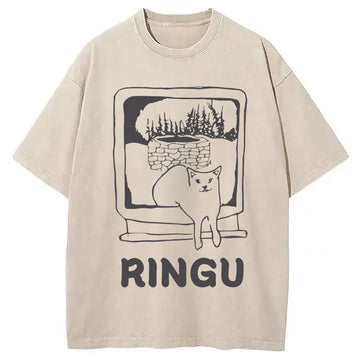Personality fashion RINGU Cat Washed T-Shirt