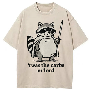 Personality fashion Fat Raccoon Sword Humor Washed T-Shirt