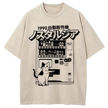 Personality fashion Retro Japan Cat Vending Machine Washed T-Shirt