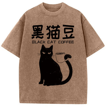 Personality fashion Black Cat Coffee Washed T-Shirt