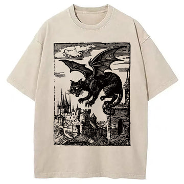 Personality fashion Medieval Cat Dragon Washed T-Shirt