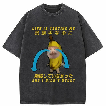 Personality fashion Cat Forced By Life Washed T-Shirt