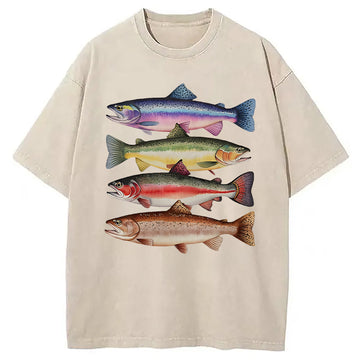 Personality fashion Colorful Rainbow Trout Fish Washed T-Shirt