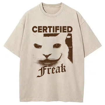 Personality fashion Certified Freak Cat Meme Washed T-Shirt