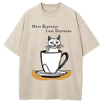 Personality fashion More Espresso Coffee Cat Washed T-Shirt