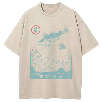 Personality fashion Japanese Fish Vintage Ukiyo-e Wave Washed T-Shirt