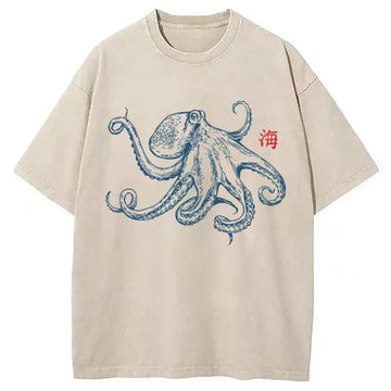 Personality fashion Octopus Retro Japanese Washed T-Shirt