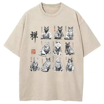 Personality fashion Japanese Ink Cats Washed T-Shirt