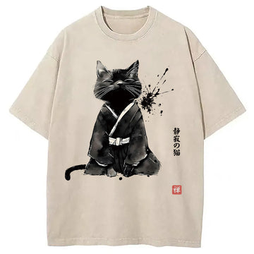 Personality fashion Zen Cat Japanese Washed T-Shirt