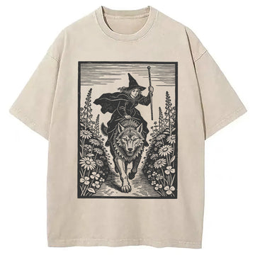 Personality fashion Witch Riding Wolf Washed T-Shirt