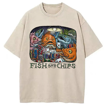 Personality fashion Fish And Chips Washed T-Shirt