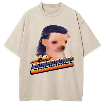 Personality fashion Chihuahua Mullet Meme Washed T-Shirt
