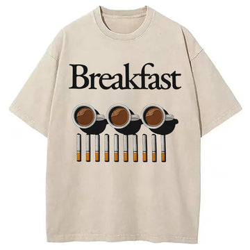 Personality fashion Breakfast Coffee And Cigarettes Washed T-Shirt