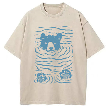 Personality fashion Minimalist Linocut Bear Washed T-Shirt
