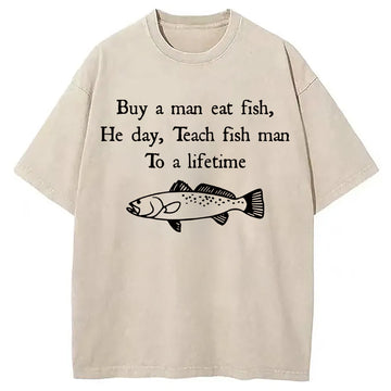 Personality fashion Man Eat Fish Meme Washed T-Shirt