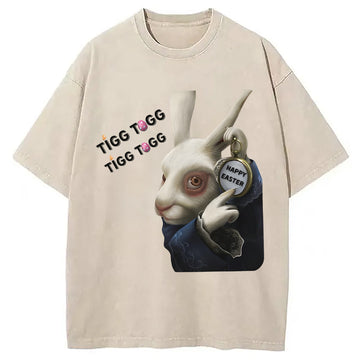 Personality fashion Tick Tock Funny Easter Bunny Washed T-Shirt