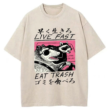 Personality fashion Live Fast  Eat Trash Washed T-Shirt
