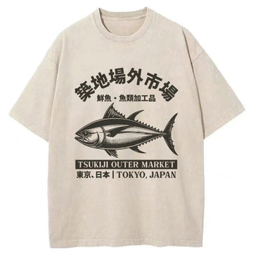 Personality fashion Sakana Tsukiji Fish Market Washed T-Shirt