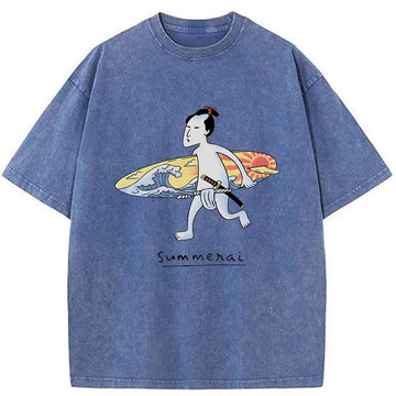 Personality fashion Surf Samurai Japanese Washed T-Shirt