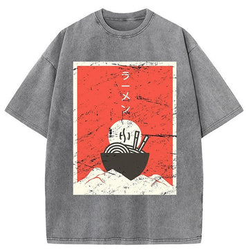 Personality fashion Vintage Japanese Anime Ramen Washed T-Shirt