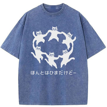 Personality fashion Leisure Cats Japanese Washed T-Shirt