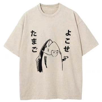 Personality fashion Give Me Egg Japanese Fish Washed T-Shirt