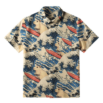 Personality fashion  Funny Capybara Surfing Button-up Shirt