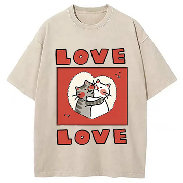 Personality fashion Love Cat Washed T-Shirt