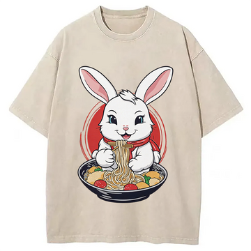 Personality fashion Cute Kawaii Rabbit Eating Ramen Washed T-Shirt