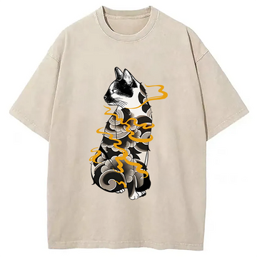 Personality fashion Tattoo Cat Washed T-Shirt