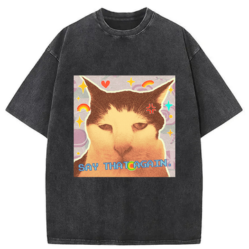 Personality fashion Say That Again Cat Washed T-Shirt