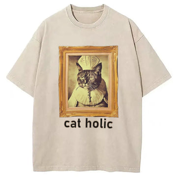 Personality fashion Cat A Holic Washed T-Shirt