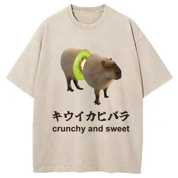 Personality fashion Kiwi Capybara Funny Meme Washed T-Shirt