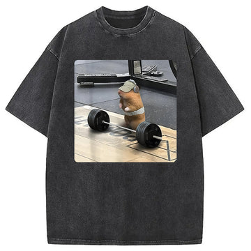 Personality fashion Funny Cute Rat Weightlifting Meme Washed T-Shirt