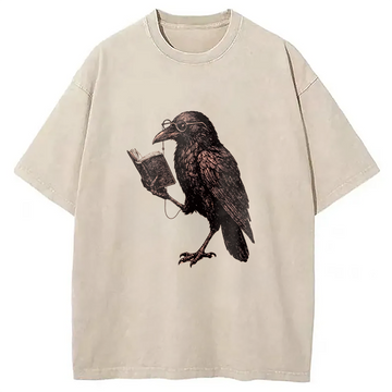 Personality fashion Vintage Raven Book Washed T-Shirt
