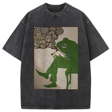 Personality fashion Frog Smoking A Cigarette Washed T-Shirt