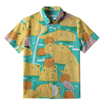 Personality fashion  Cute Capybaras Taking A Bath Button-up Shirt
