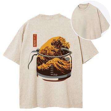 Personality fashion The Great Wave Off Coffee Japanese Back Washed T-Shirt