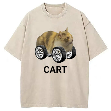 Personality fashion Cart Cat Meme Washed T-Shirt