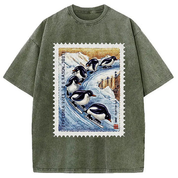 Personality fashion Gliding Penguin Stamp Washed T-Shirt